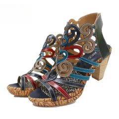 Socofy Genuine Leather Hook & Loop Mixed Colors Retro Sewing Casual High Heels Women Shoes