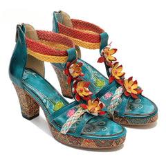 Socofy summer genuine leather braided retro fashion high-heeled women's sandals