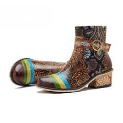 Socofy Vicconfy Genuine Leather Floral Vintage Casual Comfort Ankle Boots