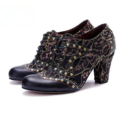 Socofy genuine leather Women's Leather Rivet Retro Fashion High Heeled Shoes