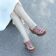 Socofy Summer Leather Vintage Flower Slope Heel Sandals Slippers