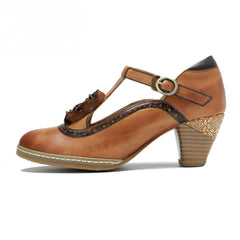 Socofy spring genuine leather retro Mary Jane high-heeled shoes