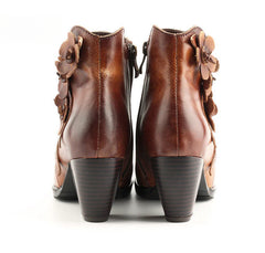 Socofy Genuine Leather Handmade Square Toe Vintage Handmade Flower Boots Woman
