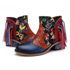 Socofy Vicconfy Leather Printed Fringe Cowboy Boots
