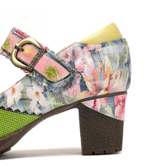 Socofy Vicconfy Floral Leather Women's Mary Jane Heel