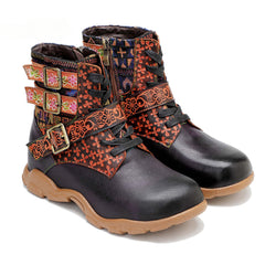 Socofy Vicconfy Leather Handmade Color Rubbed Printed Belt Buckle Flat Women's Boots