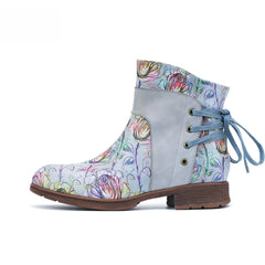 Socofy Vicconfy Retro Leather Blossom Casual Comfort Ankle Boots