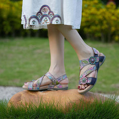 Socofy Bohemian retro first-layer cowhide flower-embellished women's sandals