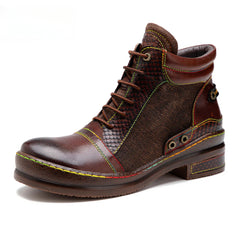 Socofy Vicconfy Genuine leather lace-up vintage biker boots