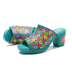 Socofy leather rubbed colour vintage floral casual fashion high heeled sandals