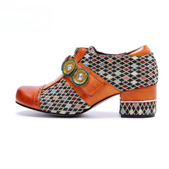 Socofy Genuine leather vintage plaid three-dimensional flowers pumps