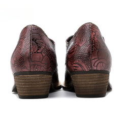 Socofy leather retro British style dark flower texture women's thick heel flat shoes