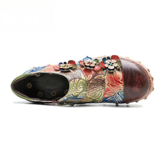 Socofy Genuine Leather Vintage Floral Dimensional Flower Comfortable Pumps