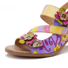 Socofy new summer style genuine leather retro three-dimensional flower rainbow and wine glass sandals for women