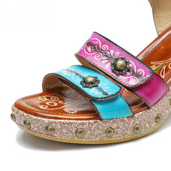 Socofy Summer Leather Retro Rivet Clash Colour High Heeled Sandals