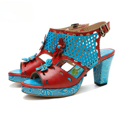 Socofy summer genuine leather retro hollow design high heel sandals