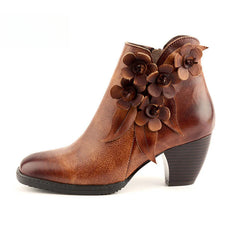 Socofy Genuine Leather Handmade Square Toe Vintage Handmade Flower Boots Woman