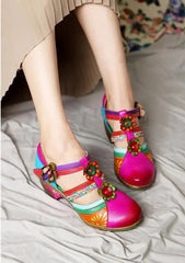 Socofy Summer Genuine Leather Casual Hook & Loop Hand-painted Sewing Retro Flower Women Sandals