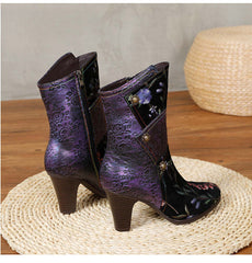 Socofy Vicconfy Court Leather Vintage Handmade High Heel Women's Boots