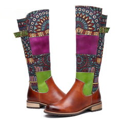 Socofy Vicconfy Genuine Leather Vintage Patchwork Long Warm Boots