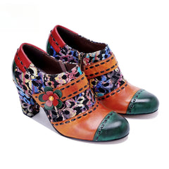 Socofy Genuine Leather Vintage Floral Chunky Heeled Women Pumps