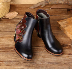 Socofy Vicconfy Retro Pattern Leather Zipper Ankle Boots