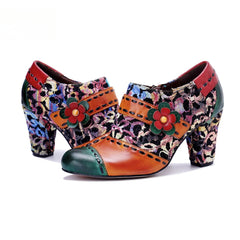 Socofy Genuine Leather Vintage Floral Chunky Heeled Women Pumps