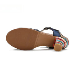 Socofy Genuine Leather Hand-painted Retro Contrast Comfortable High Heeled Sandals