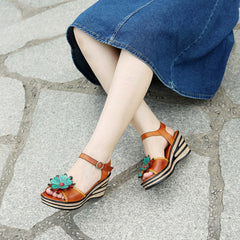 Socofy summer on leather retro three-dimensional flowers casual comfortable sloping sandals