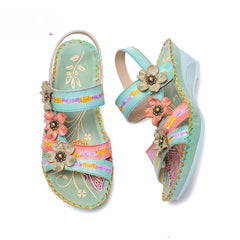 Socofy Vicconfy Genunie Leather Floral Handmade Women's Sandals