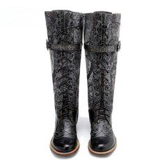 Socofy Vicconfy Genuine Leather Dark Flower Lace Up Flat Boots