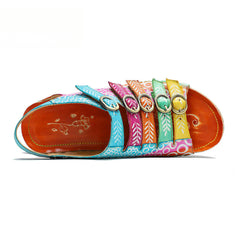 Socofy summer genuine leather belt buckle comfortable flat women's sandals