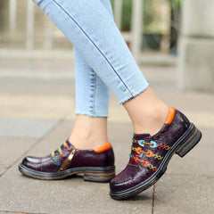 Socofy Genuine Leather Colourful Rope Deco Ethnic Printed Women's Flat Shoes