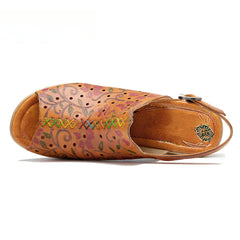 Socofy Spring Summer Leather Printed Hollow Out Chunky Heel Buckle Strap Clog Bottom Sandals