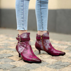 Socofy Leather Printed Patchwork Belt Buckle Slim Heel Women's Boots
