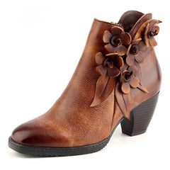Socofy Genuine Leather Handmade Square Toe Vintage Handmade Flower Boots Woman