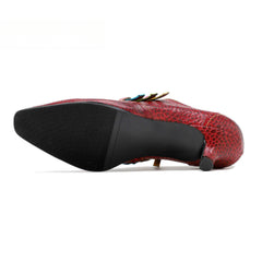 Socofy Red Leather Vintage Buckle High Heels Women's Shoes