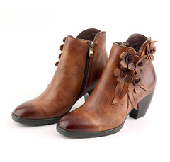 Socofy Genuine Leather Handmade Square Toe Vintage Handmade Flower Boots Woman