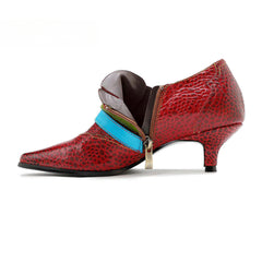 Socofy Red Leather Vintage Buckle High Heels Women's Shoes