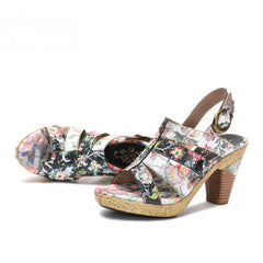 Socofy Vicconfy Leather Floral Heeled Black Sandals