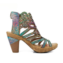 Socofy retro casual ethnic style fish mouth top layer cowhide flower fashion women's sandals