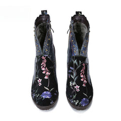 Socofy Vicconfy Vintage Genuine Leather Boots Floral Women's Boots