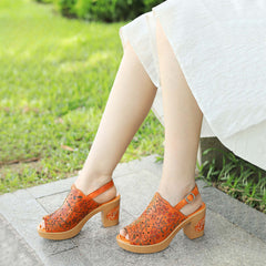 Socofy Spring Summer Leather Printed Hollow Out Chunky Heel Buckle Strap Clog Bottom Sandals