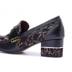 Socofy Leather Patchwork Comfortable Chunky Heeled Loafers Shoes