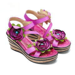 Socofy summer leather three-dimensional flowers comfortable sloping sandals