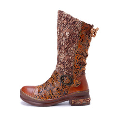 Socofy Winter Leather Vintage Printed Boots