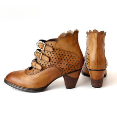 Socofy Vicconfy Retro Cutout High Heel Leather Boots