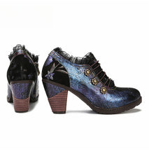 Socofy Vicconfy Genuine Leather Lace Trim Vintage Floral Illusion Heels