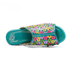 Socofy leather rubbed colour vintage floral casual fashion high heeled sandals