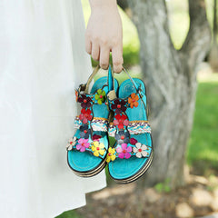 Socofy summer genuine leather bohemian style comfortable wedge sandals for women